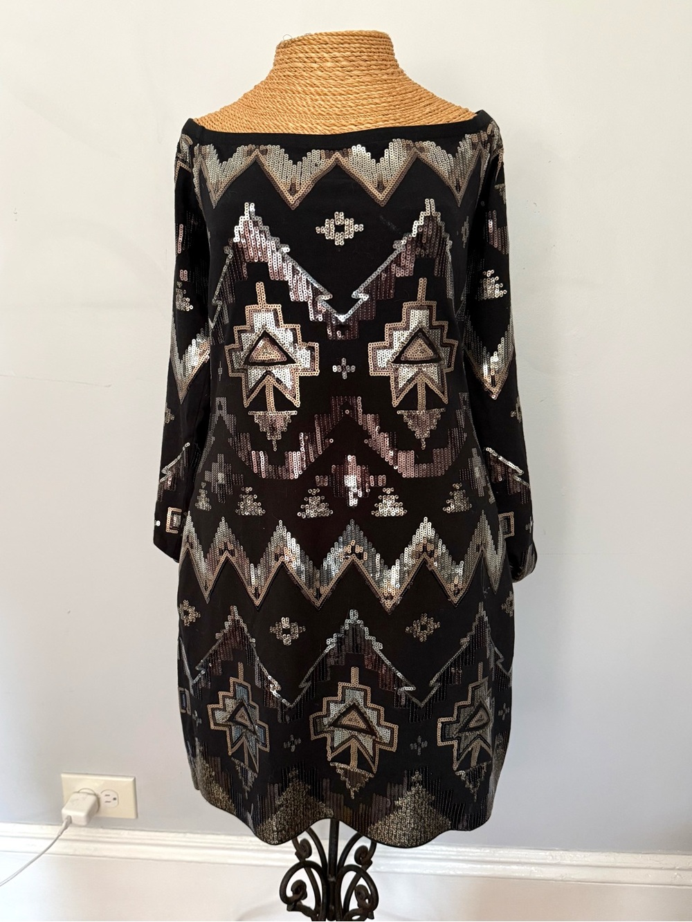 Express Black Sequin off the shoulder Geometric Long Sleeve Dress